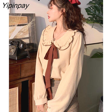 Yipinpay 2023 Spring Blouses Women Elegant Kawaii Bow Peter Pan Collar Leisure New Fashion Korean Style Female Clothes Lovely Tops